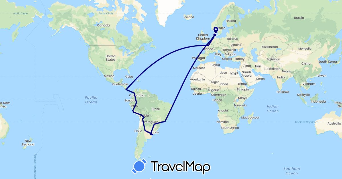 TravelMap itinerary: driving in Argentina, Bolivia, Brazil, Colombia, Costa Rica, Denmark, France, Netherlands, Peru, Uruguay (Europe, North America, South America)